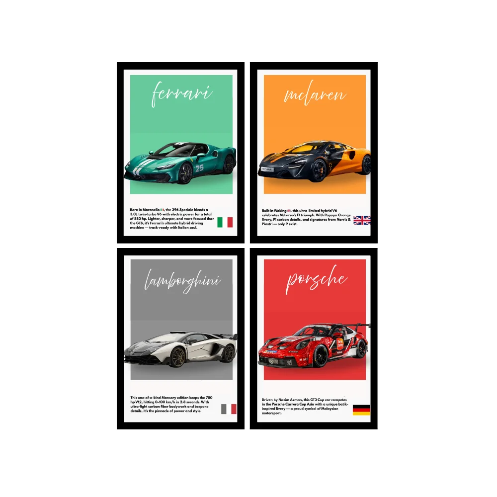 Djane Studio Supercars Wall Frame Set | Premium Wall Art for Living Room, Bedroom, Office & Gaming Room | Modern Home Décor | Pack of 4 | Size 12x8 Inch